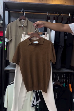 Men Ribbed Polo Collar Slim Fit T-shirt