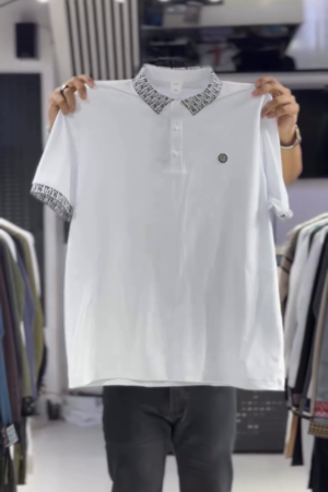 Men White Logo Printed Solid Polo Collar Short Sleeves T-shirt