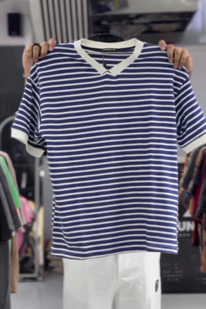 Men Navy Blue & Brown Striped V-Neck T-shirt