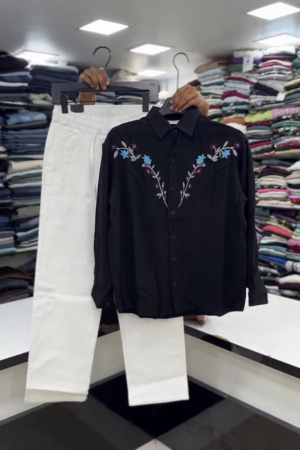Men's Casual Rose Floral Embroidered Western Long Sleeve Button Shirt