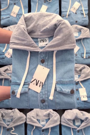 Men Blue & Grey Melange Washed Hooded Denim Jacket