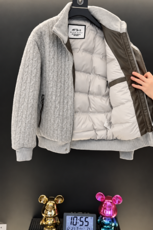 Men’s Light Grey Knit Jacket with Padded Lining || Winter Jacket for Men