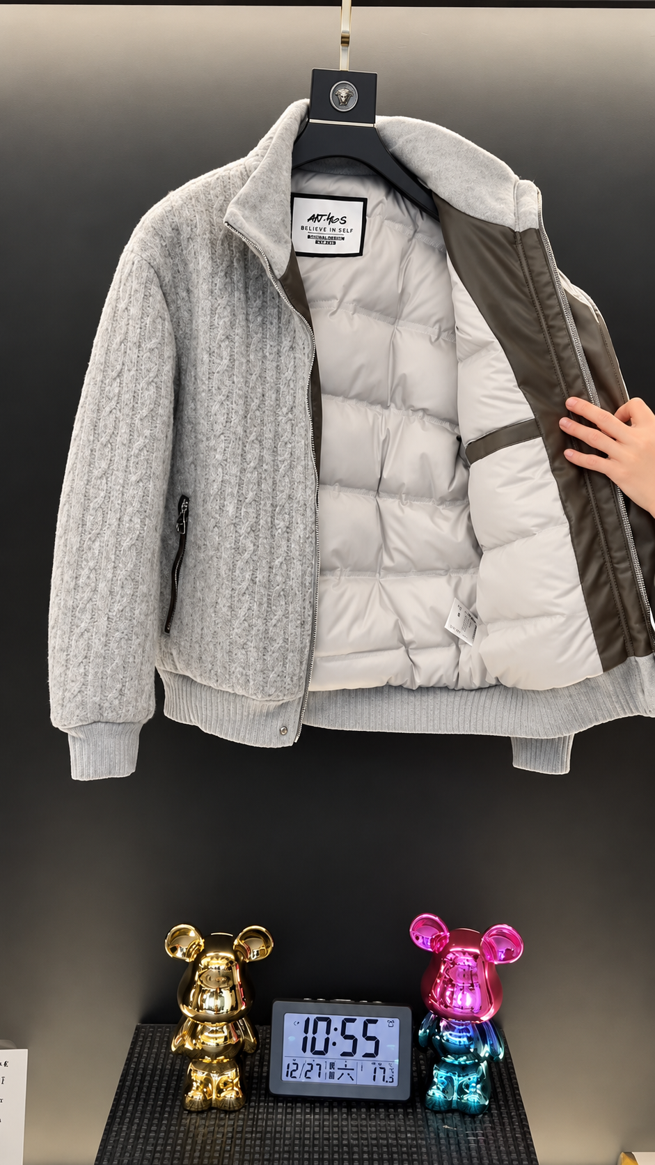 Men’s Light Grey Knit Jacket with Padded Lining || Winter Jacket for Men