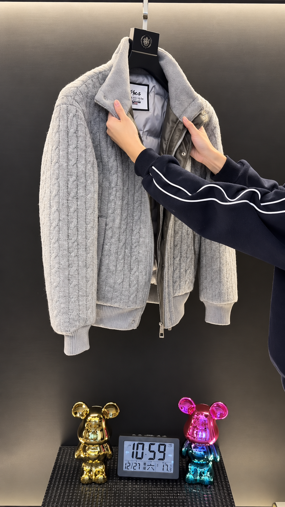 Men’s Light Grey Knit Jacket with Padded Lining || Winter Jacket for Men - Image 2