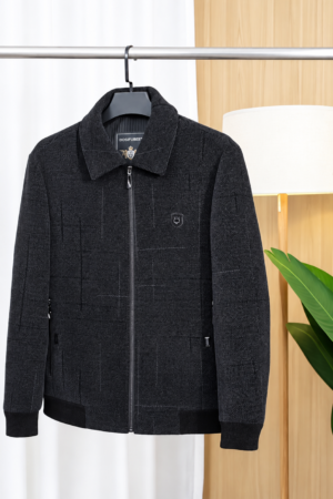 Men’s Dark Grey Textured Zip Jacket with Collar || Casual Jacket for Men