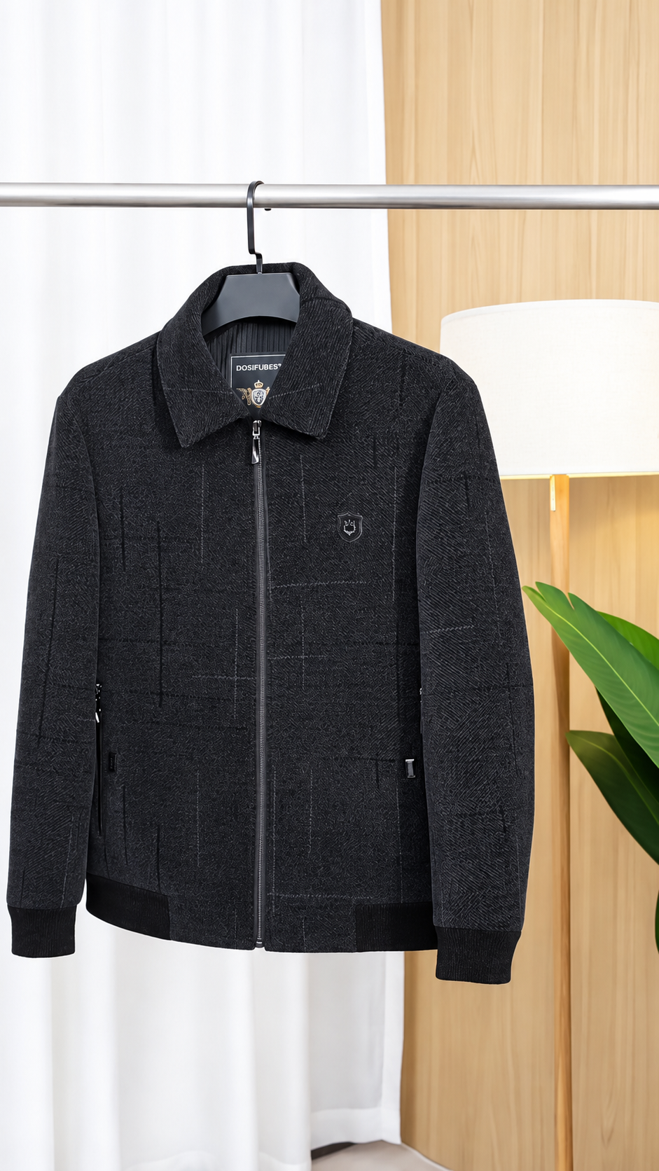 Men’s Dark Grey Textured Zip Jacket with Collar || Casual Jacket for Men