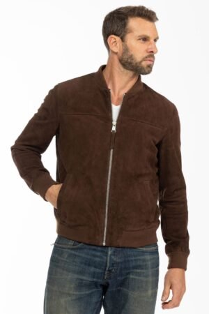 Dark brown suede finish bomber jacket for men